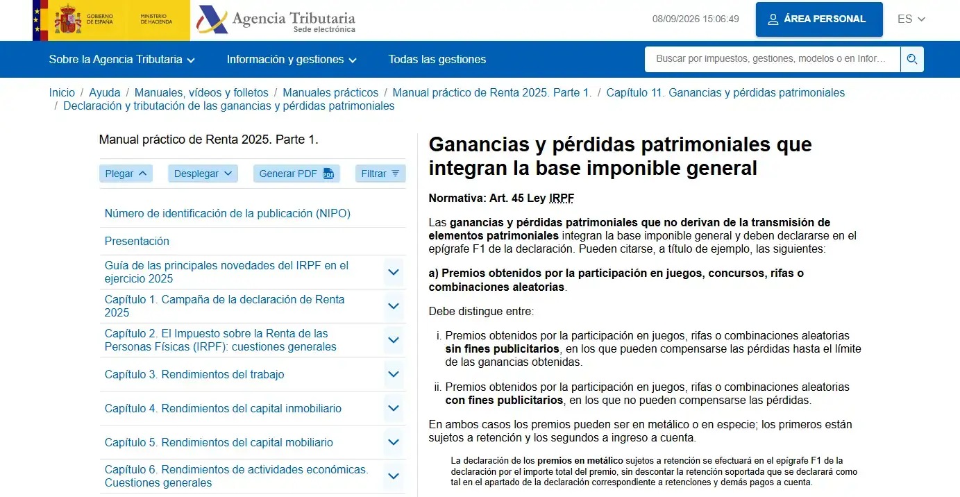 Página de la Agencia Tributaria sobre ganancias y pérdidas patrimoniales del IRPF