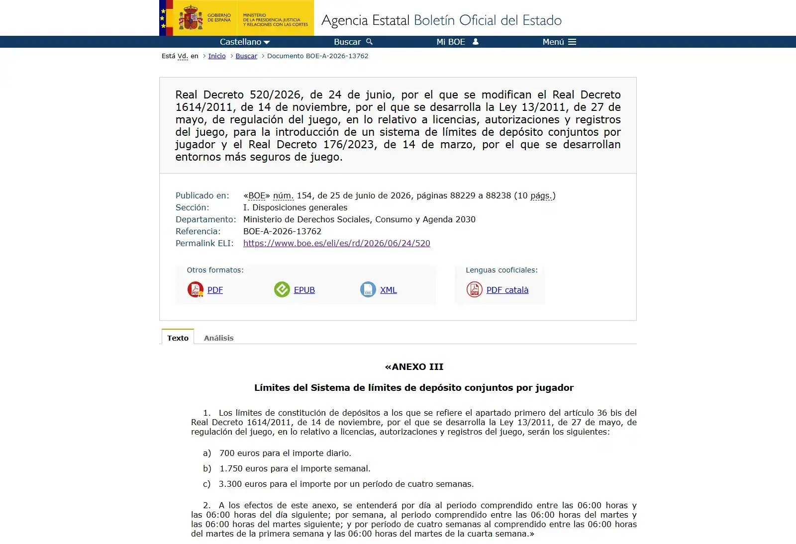 Real Decreto 520/2026 en el BOE con el sistema de límites conjuntos de depósito