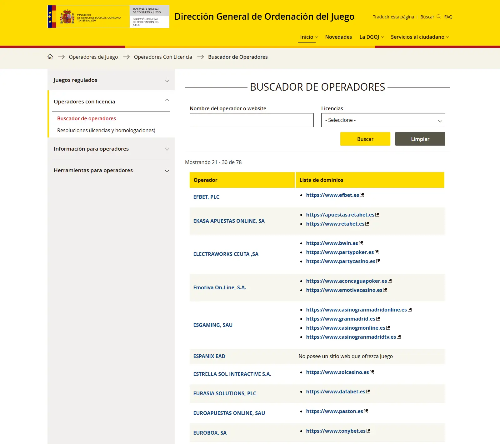 Captura del buscador de operadores con licencia de la DGOJ
