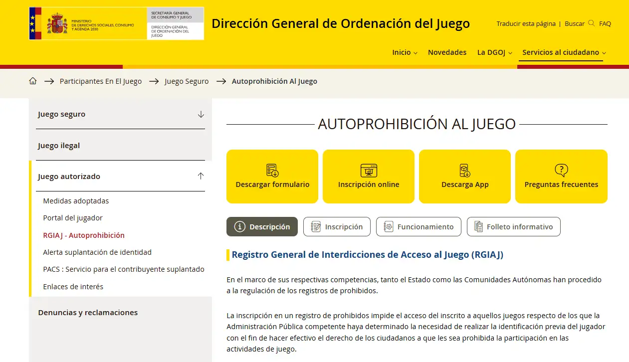 Página oficial de la DGOJ sobre el Registro General de Interdicciones de Acceso al Juego RGIAJ